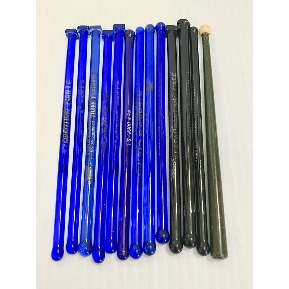 Vintage Glass Swizzle Sticks Lot 13 MCM Cocktail Drink Stirrer Cobalt Blue Black